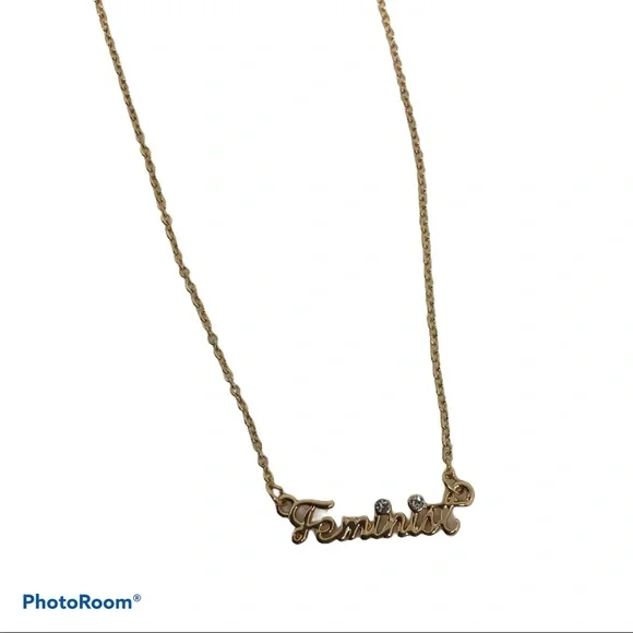 Small Gold tone w Rhinestones Feminist Necklace - Picture 6 of 8